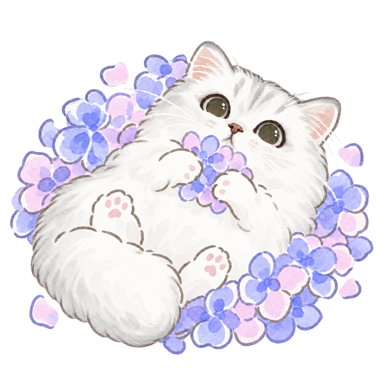 Hand-painted white Xiaoman with silver-tipped fur holding hydrangea flowers
