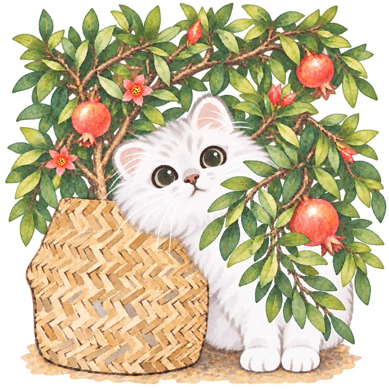 Hand-painted Xiaoman with a round silver-white face peeking through leafy pomegranate branches beside a woven basket
